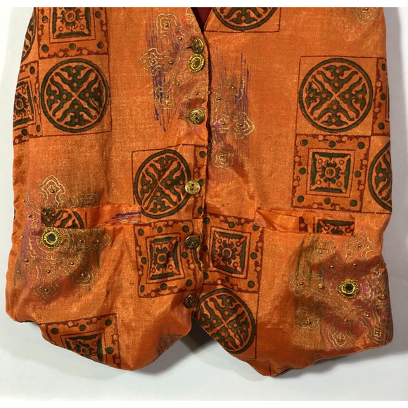 Orange Vest Shimmery Vintage Rayon from India Beaded Stamped Mirrors Small - Picture 3 of 9